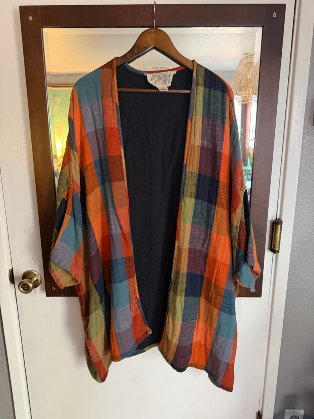 Plaid Open-Front Kimono Cardigan in Multicolor